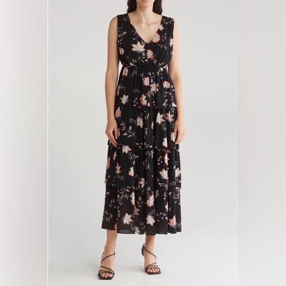 Wishlist Apparel Dresses & Skirts - Wishlist Apparel Floral Black and Pink Women's Mid Calf Dress Size Medium